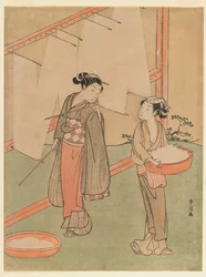 Jong meisje en dienaar die Japanse fijne noedels drogen, ca. 1766